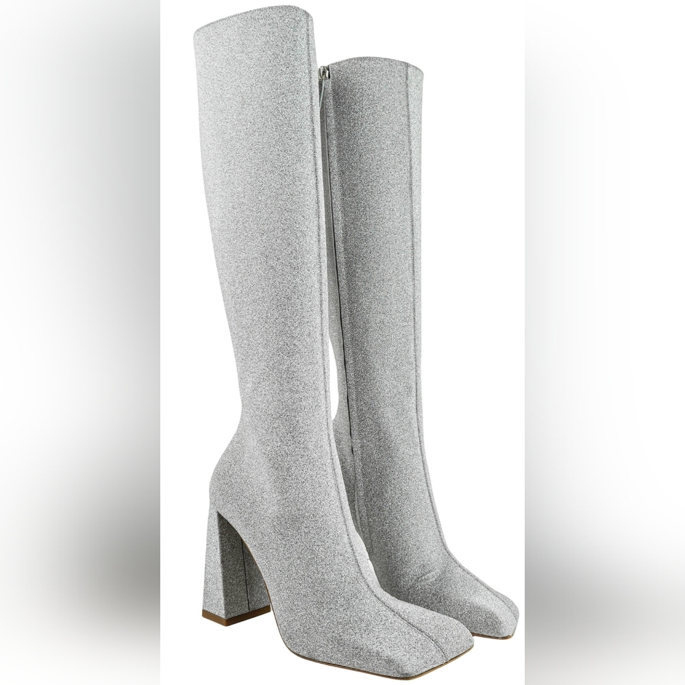 Nib Amina Muaddi Silver Knee-High Women's Boots - Picture 2 of 12